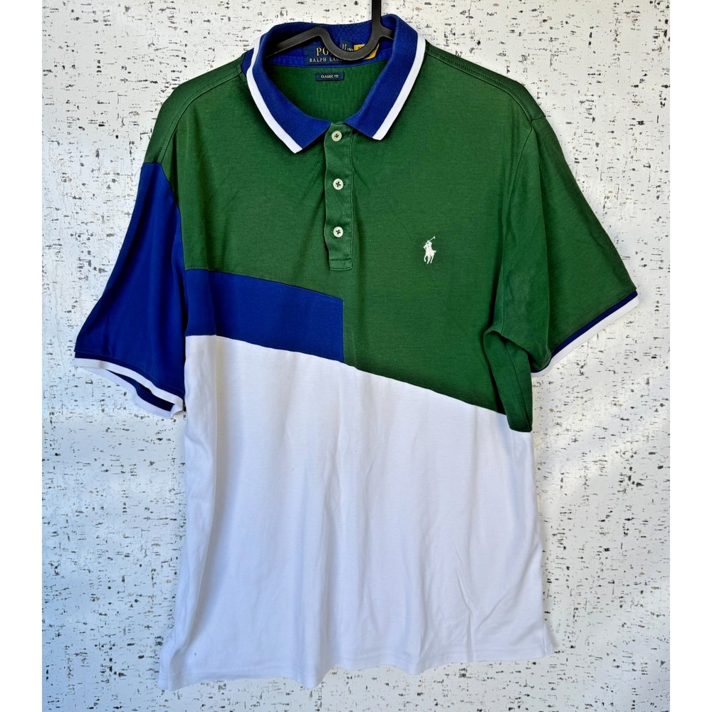 Mens Sz Medium Polo Ralph Lauren Classic Fit Green Blue White Polo Short Sleeve